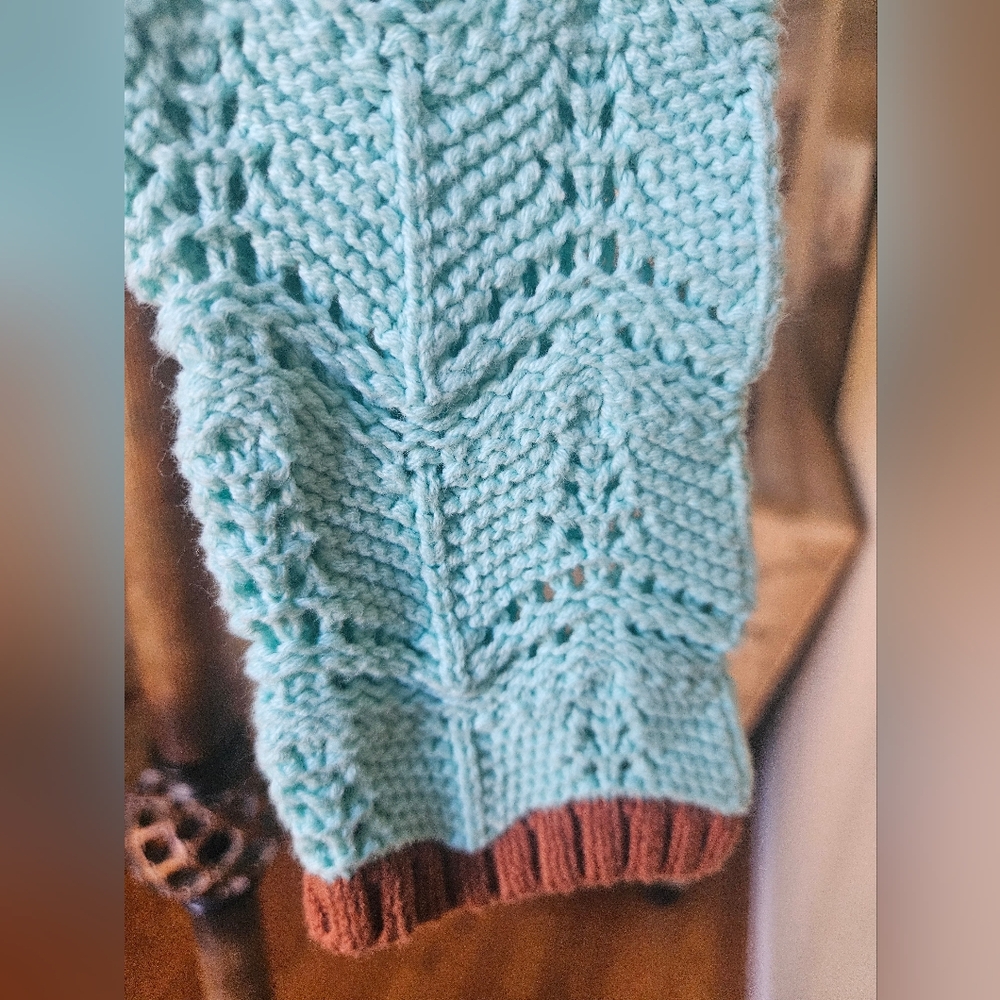 NWOT Urban Outfitters Aqua Open-Knit Sweater with Brown Trim - Picture 5 of 17